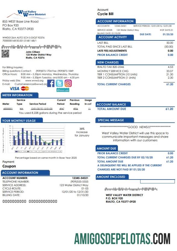 realista Modelo de conta de serviços públicos do distrito aquático de West Valley, Califórnia, EUA, em formato Word e PDF